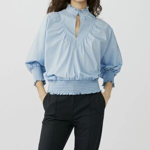 Maje Blue Libou Smocked Cotton- Poplin Blouse
